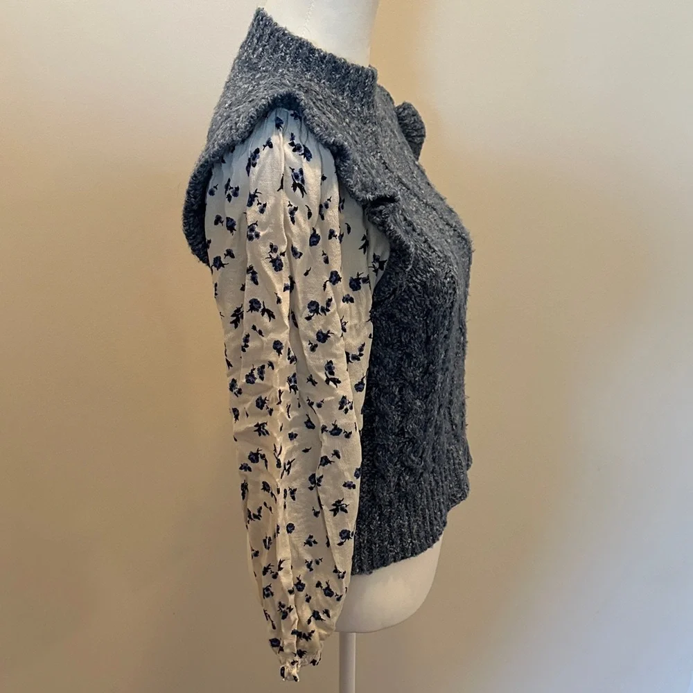 Anthropologie Heathered Blue Chunky Cable Knit Sweater with Floral Print Sleeves - Picture 3 of 5